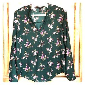 Forever 21 Floral Print Dark Green LongSlv Blouse